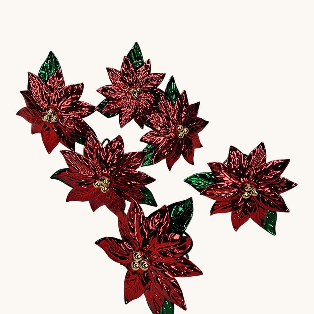Vintage Christmas Linen Napkins Set o 6 Metal Rings Lace Cross Stitch Poinsettia - Picture 4 of 15